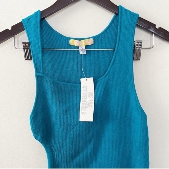Urban Outfitters Teal Blue Ribbed Knit Cut Out Tank Top Size Large Side Tie NEW - Picture 2 of 7